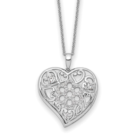 Sterling Silver CZ Antiqued Sisterhood Flower Heart 18in Necklace-WBC-QSX722