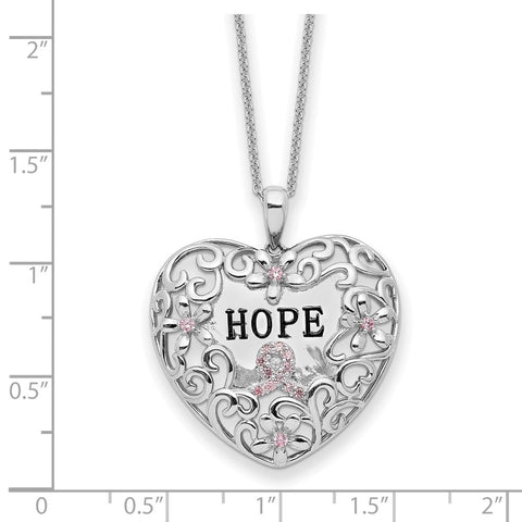 Sterling Silver Pink CZ Breast Cancer Heart 18in Necklace-WBC-QSX743