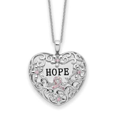 Sterling Silver Pink CZ Breast Cancer Heart 18in Necklace-WBC-QSX743