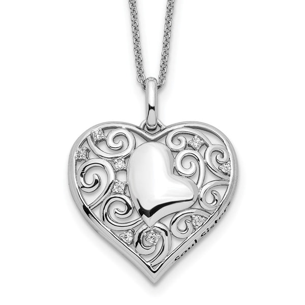 Sterling Silver CZ Antiqued Soul Sister Heart 18in Necklace-WBC-QSX750