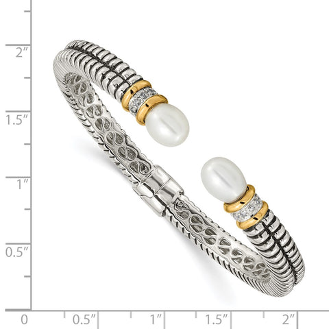 SS w/14k True Two-tone FW Cultured Pearl & Diamond Cuff Bracelet-WBC-QTC100