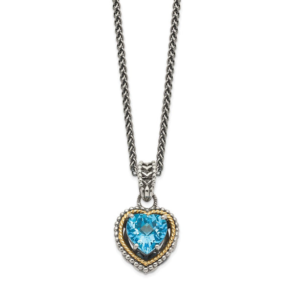 Sterling Silver w/14k Antiqued Blue Topaz Heart Necklace-WBC-QTC1031