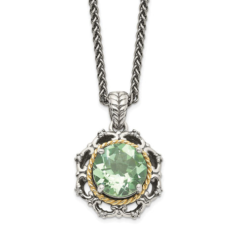 Sterling Silver w/14k Antiqued Green Quartz and Diamond Necklace-WBC-QTC1068