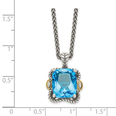 Sterling Silver w/14k Antiqued Blue Topaz and Diamond Necklace-WBC-QTC1076