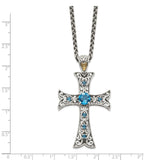 Sterling Silver w/14k London Blue Topaz Cross Necklace-WBC-QTC1378