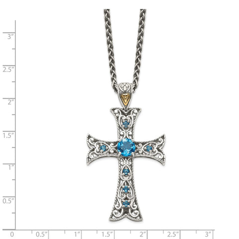 Sterling Silver w/14k London Blue Topaz Cross Necklace-WBC-QTC1378