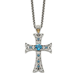 Sterling Silver w/14k London Blue Topaz Cross Necklace-WBC-QTC1378