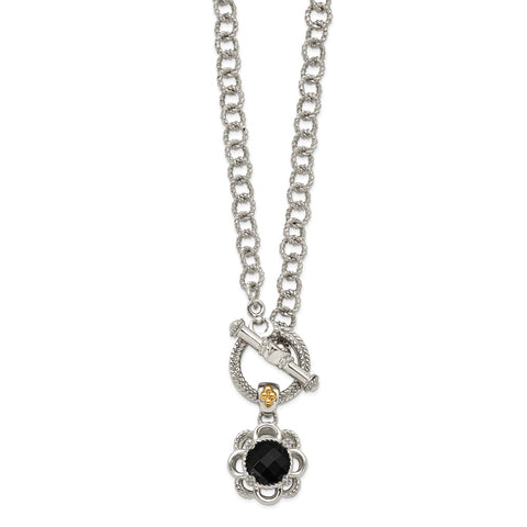 Sterling Silver w/ 14K Accent Onyx and Diamond Toggle Necklace-WBC-QTC1543