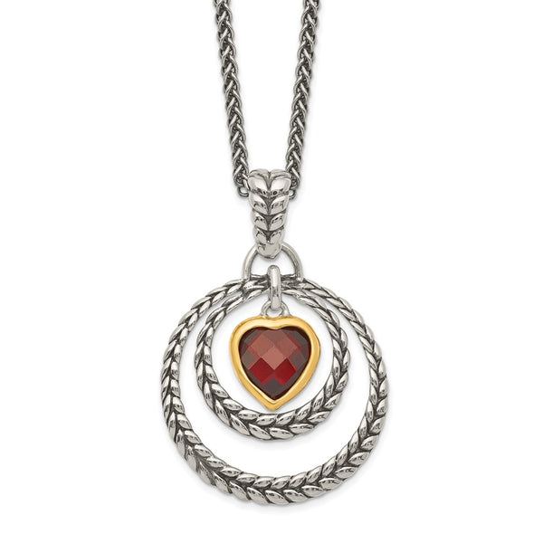 Sterling Silver w/Gold-tone Flash Gold-plated Garnet Heart Necklace-WBC-QTC27