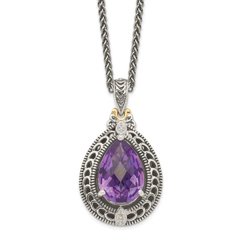 Sterling Silver w/14k Diamond & Amethyst Necklace-WBC-QTC697