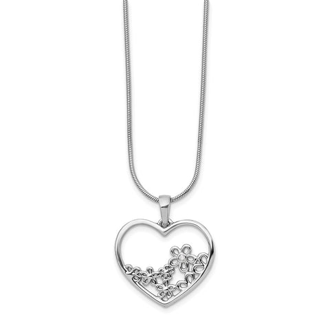 SS White Ice Heart Shaped w/ Flower Center Diamond Necklace-WBC-QW343-18
