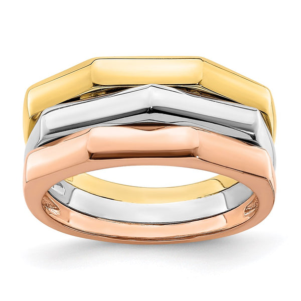 14K Tri-Color Polished Ridged Peak Band-R885-WBC