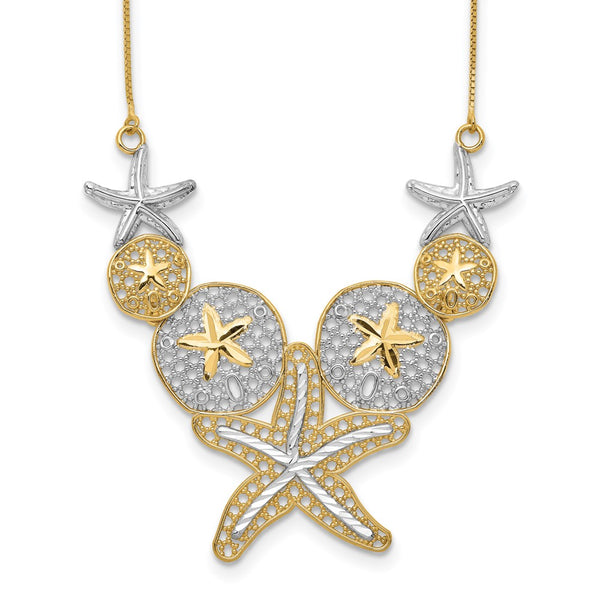 14k & Rhodium Diamond-cut Starfish and Sand Dollar Necklace-WBC-SF2075-18