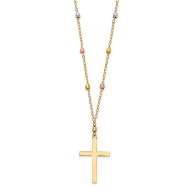 14K Tri Colored Gold Diamond Cut Beaded Cross Necklace-WBC-SF2286-18