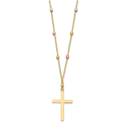 14K Tri Colored Gold Diamond Cut Beaded Cross Necklace-WBC-SF2286-18