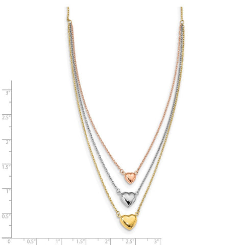 14K Tri-color Three Heart w/ 1in ext. Necklace-WBC-SF2643-16