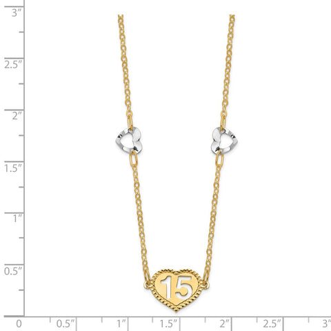 14K Two-tone Polished 15 Heart w/2 in ext Necklace-WBC-SF2654-16.5