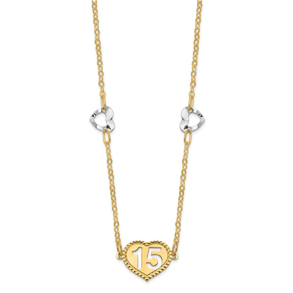 14K Two-tone Polished 15 Heart w/2 in ext Necklace-WBC-SF2654-16.5