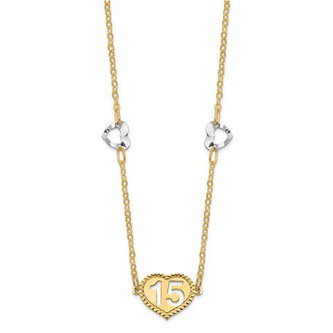 14K Two-tone Polished 15 Heart w/2 in ext Necklace-WBC-SF2654-16.5