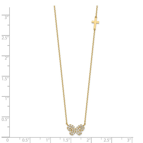 14K Butterfly CZ & Small Cross Charm with 2IN EXT Necklace-WBC-SF2787-18