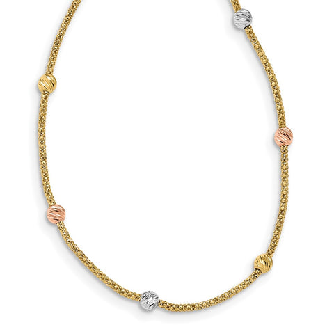 14k Tri-color Diamond-cut 9-Station Bead and Chain Necklace-WBC-SF2860-18