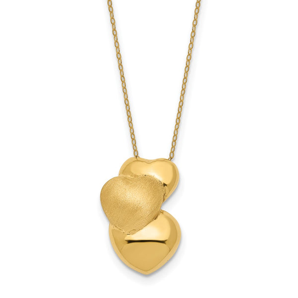 14k Polished and Satin 3 Puffed Hollow Hearts Necklace-WBC-SF2873-18