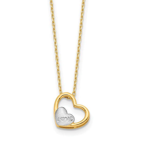 14K and White Rhodium Brushed and Polished Love Heart 17in Necklace-WBC-SF2875-17