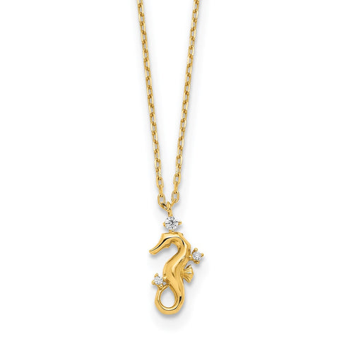 14k Yellow Gold Polished CZ Seahorse w/1.25 in ext Necklace-WBC-SF2908-15