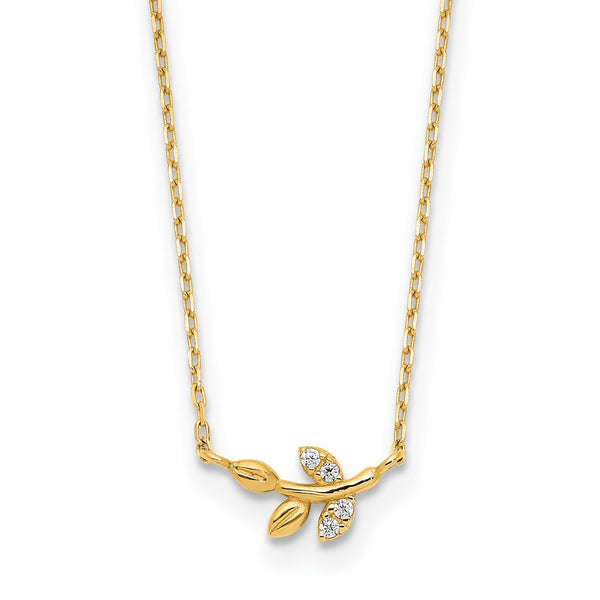 14k Yellow Gold Polished CZ Twig of Leaves w/1.25 in ext Necklace-WBC-SF2909-14.75