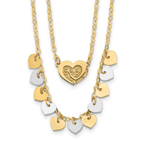 14K Two-tone Polished Double Strand with Hearts Necklace-WBC-SF2941-17