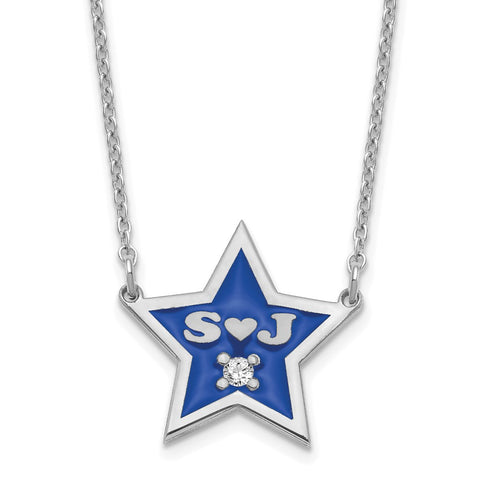 Sterling Silver/Rhodium-plated 2 Initial Epoxied Star with Diamond Necklace-WBC-XNA1162SS
