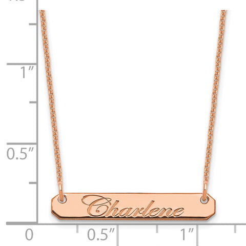 14K Rose Gold Small Polished Edwardian Script Bar Necklace-WBC-XNA1215R
