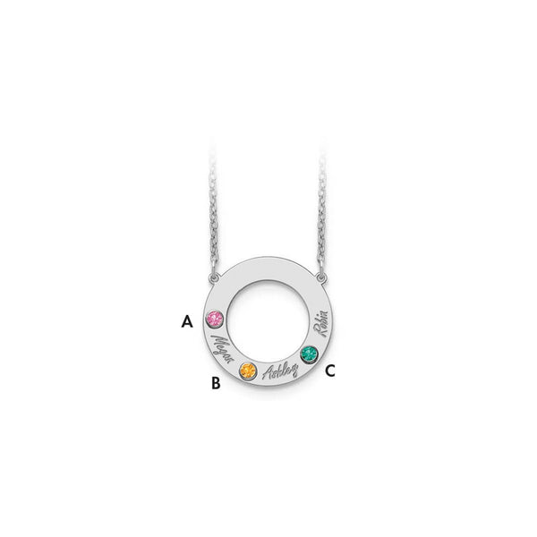 14KW 3 Name and Birthstone w/ 18k Bezel Cut Out Circle Necklace-WBC-XNA880/3W